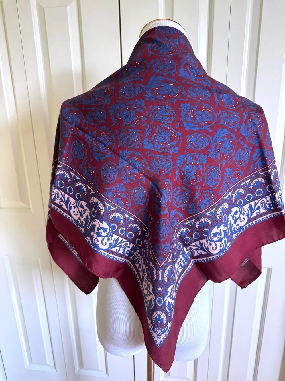 Elegant Burgundy and Blue Paisley Silk Square Scarf Mint
